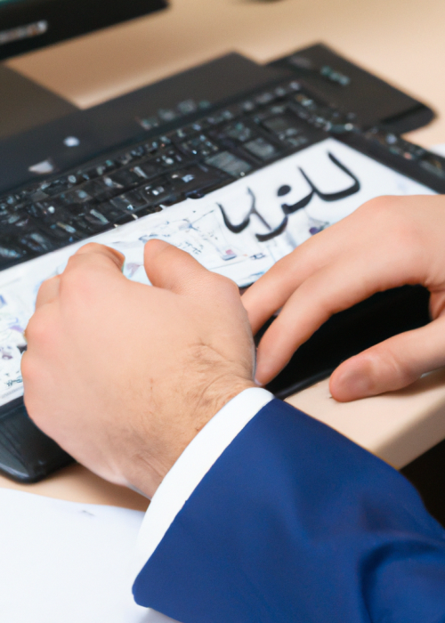 DALL·E 2023-06-17 22.33.43 - a arabic man translator working. See only hands. writing at a computer. High quality photo. Arabic signs on the computer screen